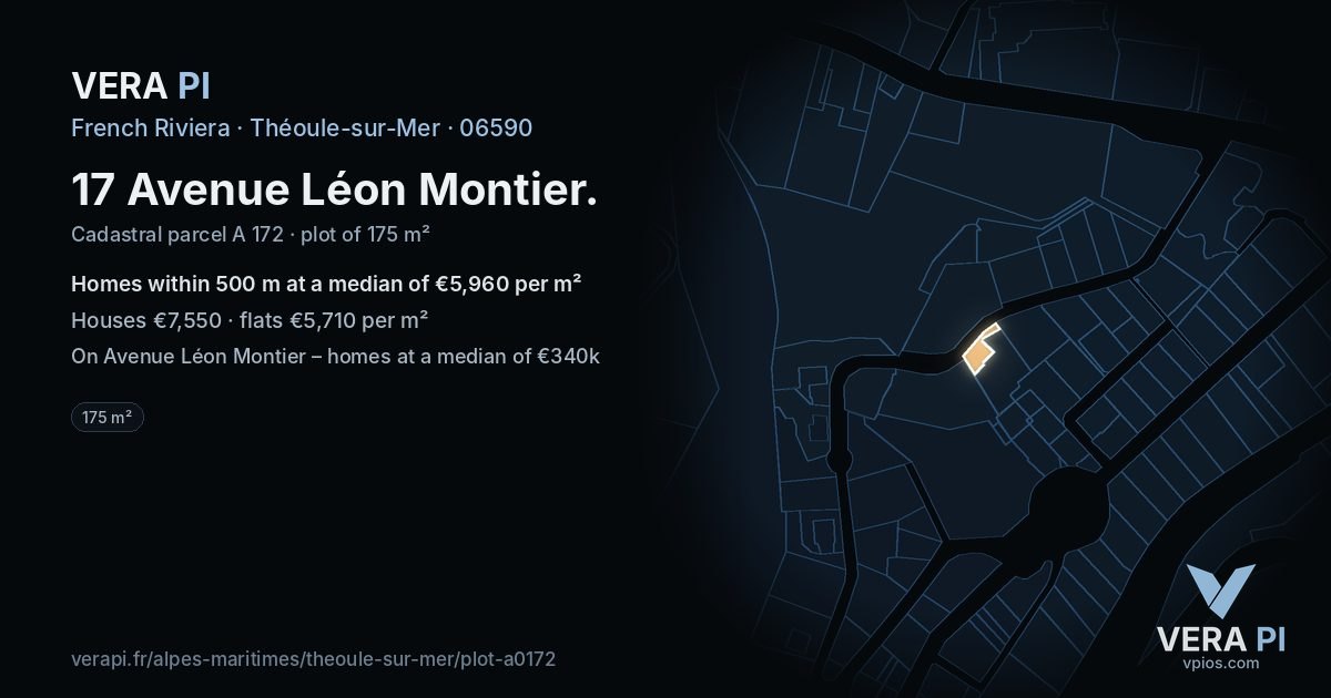 17 Avenue Léon Montier, Théoule-sur-Mer at night – the plot lit, the parcels around coloured by the prices near them