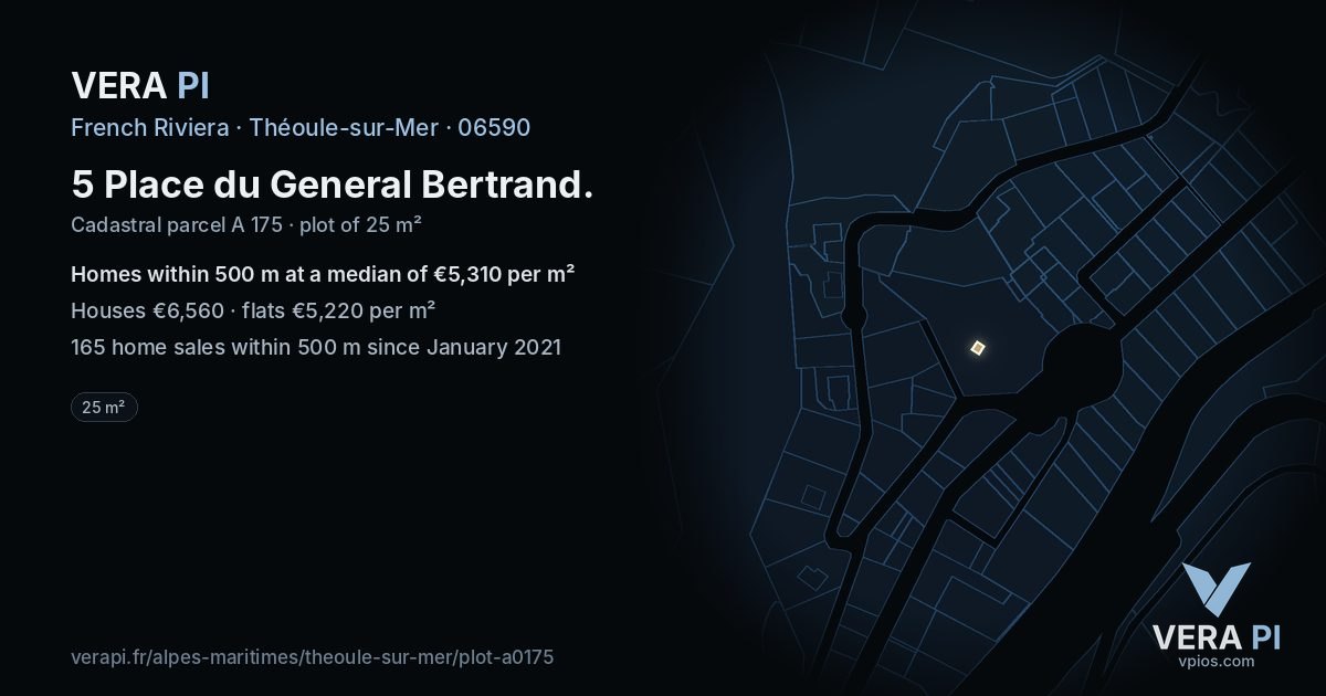 5 Place du General Bertrand, Théoule-sur-Mer at night – the plot lit, the parcels around coloured by the prices near them