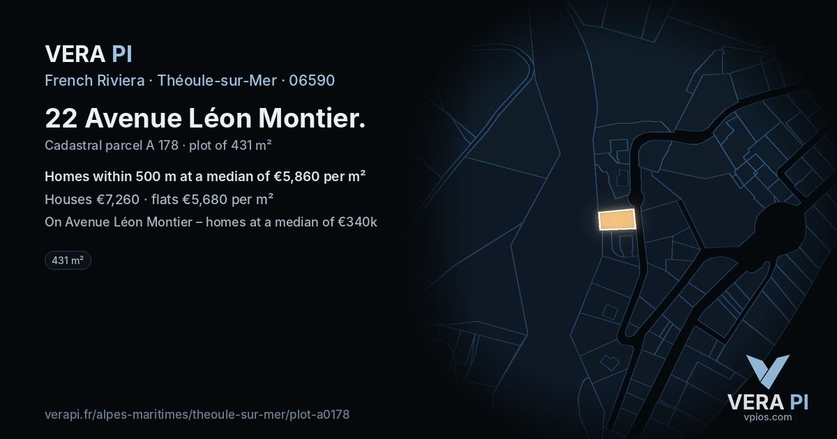 22 Avenue Léon Montier, Théoule-sur-Mer at night – the plot lit, the parcels around coloured by the prices near them