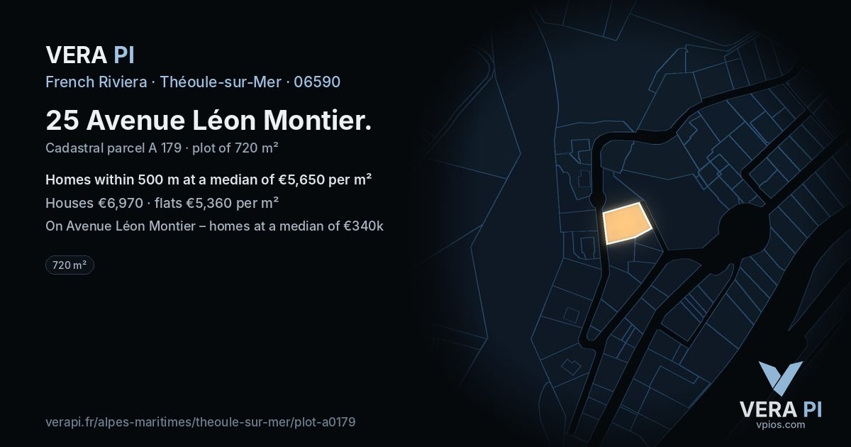 25 Avenue Léon Montier, Théoule-sur-Mer at night – the plot lit, the parcels around coloured by the prices near them