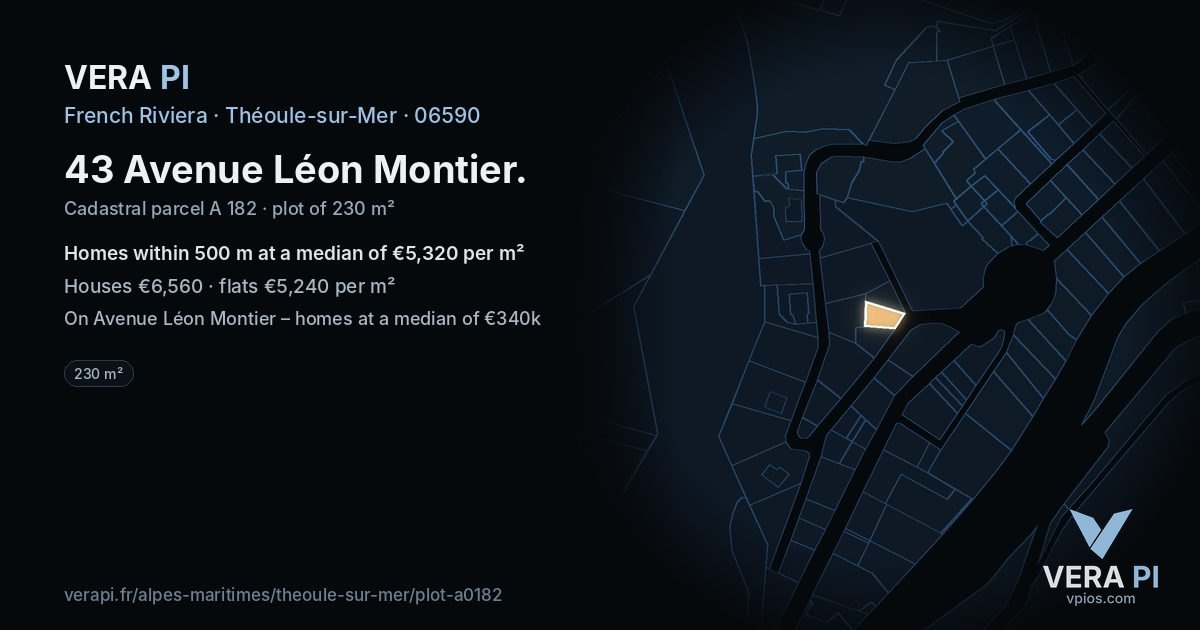 43 Avenue Léon Montier, Théoule-sur-Mer at night – the plot lit, the parcels around coloured by the prices near them