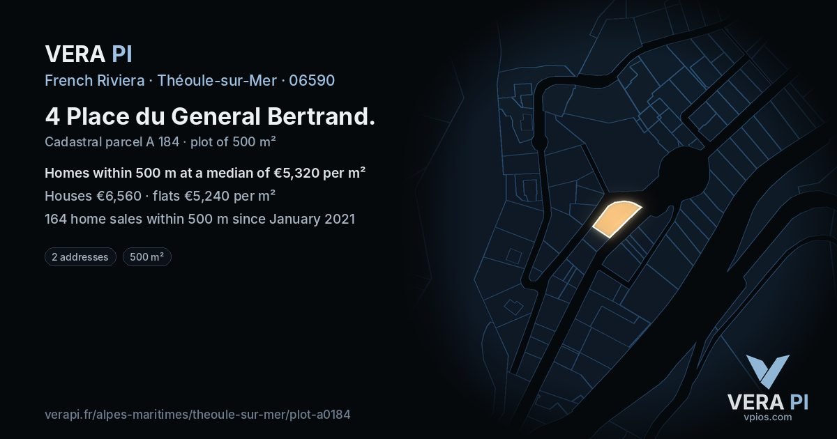 4 Place du General Bertrand, Théoule-sur-Mer at night – the plot lit, the parcels around coloured by the prices near them