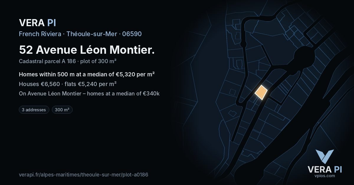 52 Avenue Léon Montier, Théoule-sur-Mer at night – the plot lit, the parcels around coloured by the prices near them