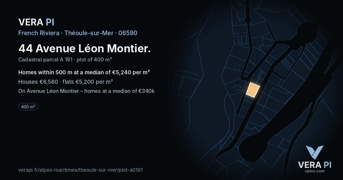 44 Avenue Léon Montier, Théoule-sur-Mer at night – the plot lit, the parcels around coloured by the prices near them