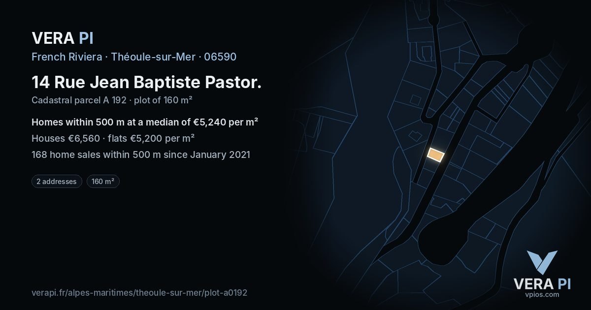 14 Rue Jean Baptiste Pastor, Théoule-sur-Mer at night – the plot lit, the parcels around coloured by the prices near them
