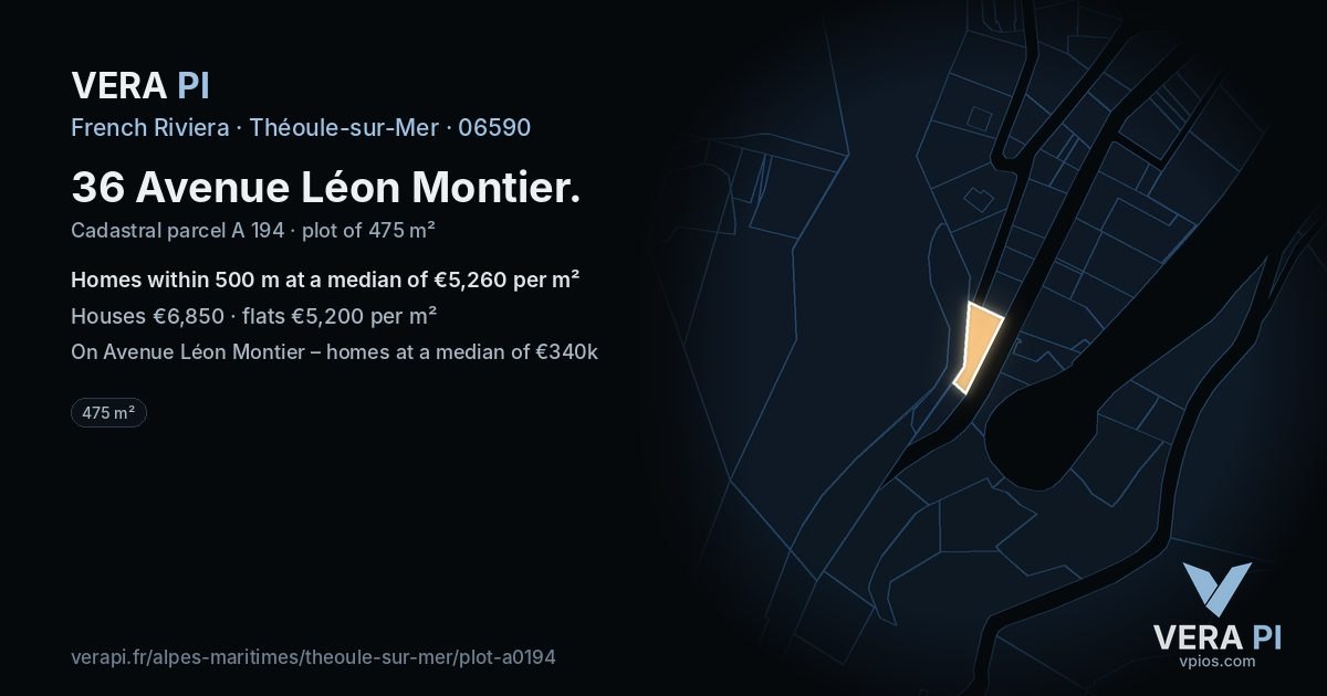 36 Avenue Léon Montier, Théoule-sur-Mer at night – the plot lit, the parcels around coloured by the prices near them