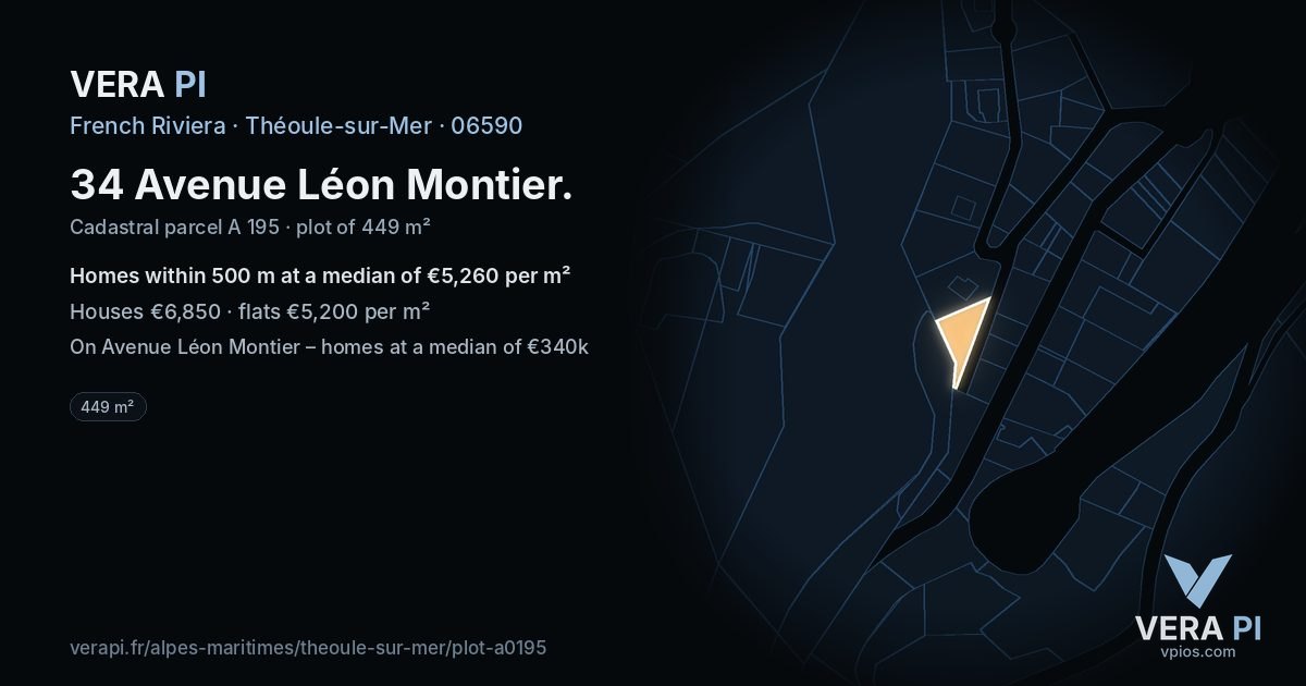 34 Avenue Léon Montier, Théoule-sur-Mer at night – the plot lit, the parcels around coloured by the prices near them