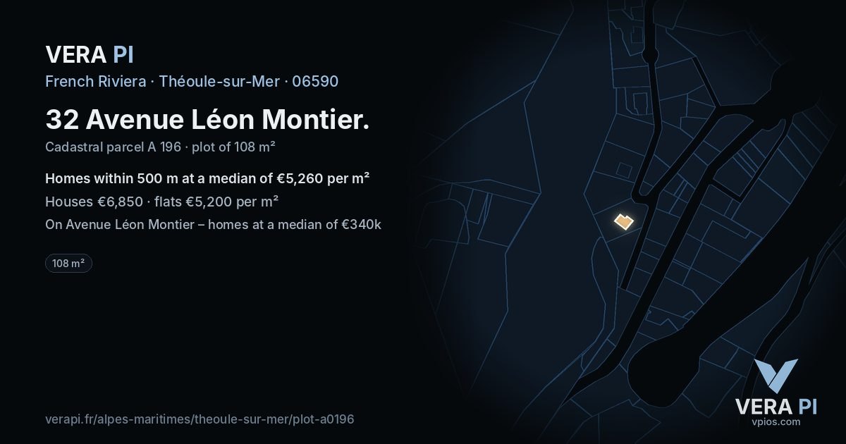 32 Avenue Léon Montier, Théoule-sur-Mer at night – the plot lit, the parcels around coloured by the prices near them