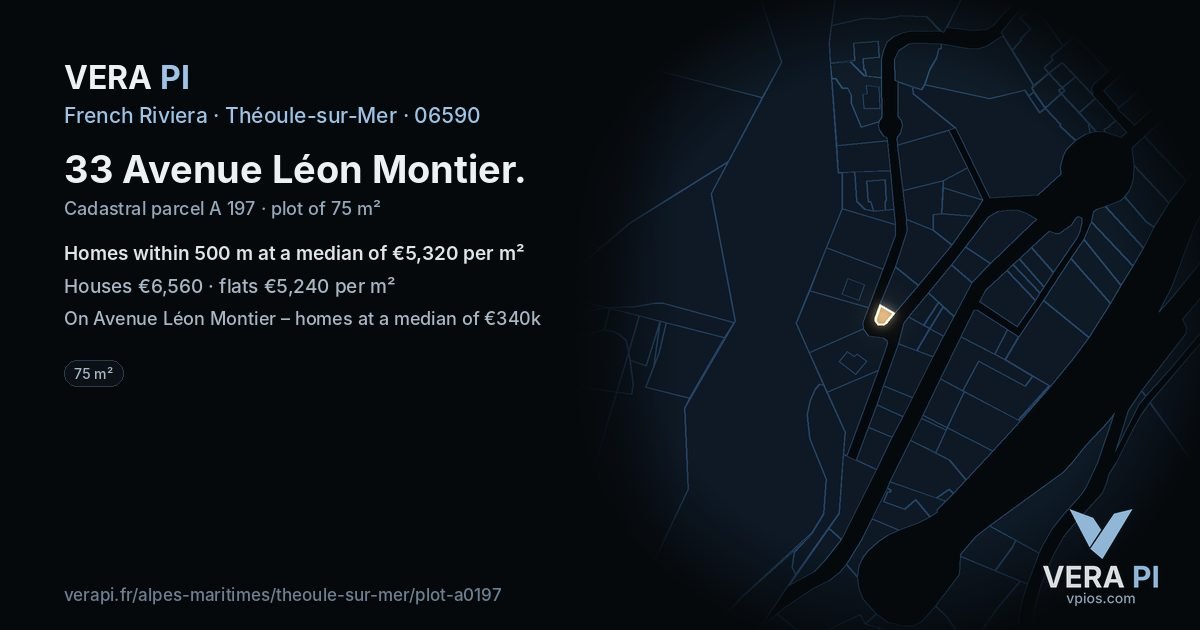 33 Avenue Léon Montier, Théoule-sur-Mer at night – the plot lit, the parcels around coloured by the prices near them