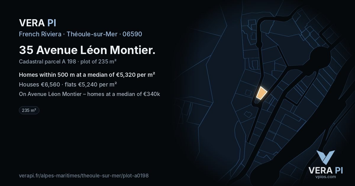 35 Avenue Léon Montier, Théoule-sur-Mer at night – the plot lit, the parcels around coloured by the prices near them