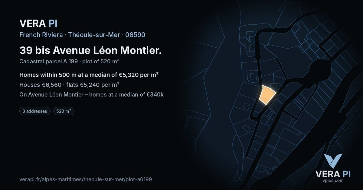 39 bis Avenue Léon Montier, Théoule-sur-Mer at night – the plot lit, the parcels around coloured by the prices near them