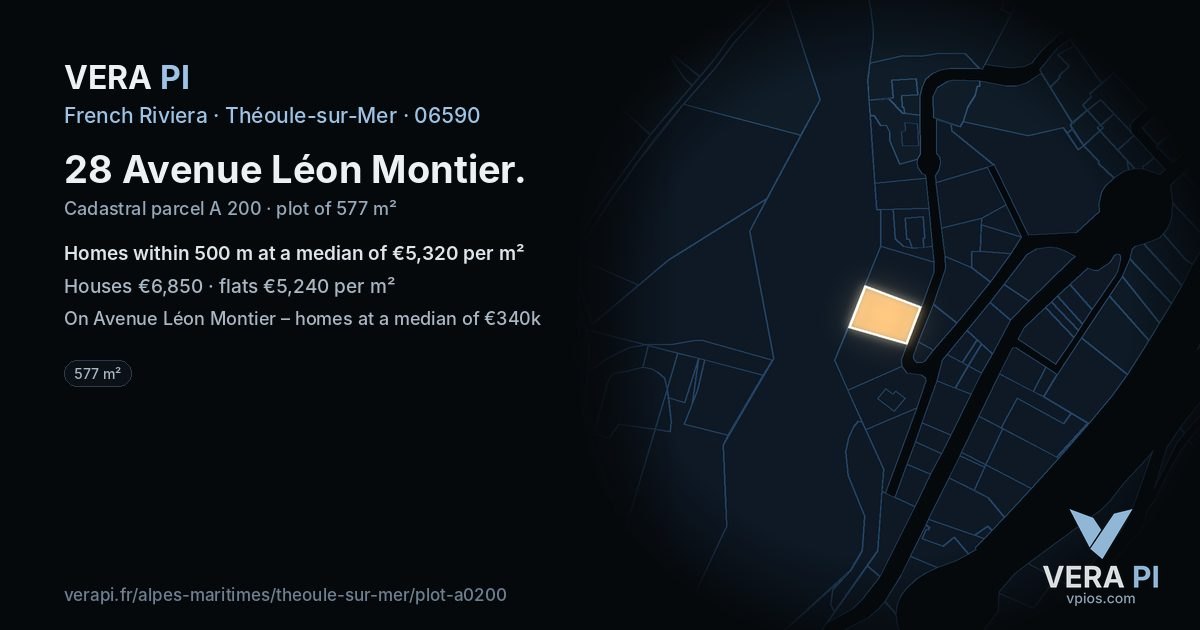 28 Avenue Léon Montier, Théoule-sur-Mer at night – the plot lit, the parcels around coloured by the prices near them