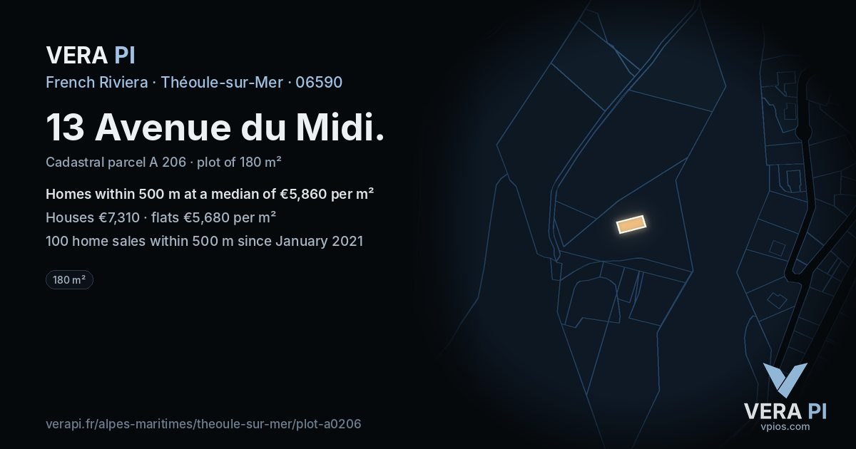 13 Avenue du Midi, Théoule-sur-Mer at night – the plot lit, the parcels around coloured by the prices near them