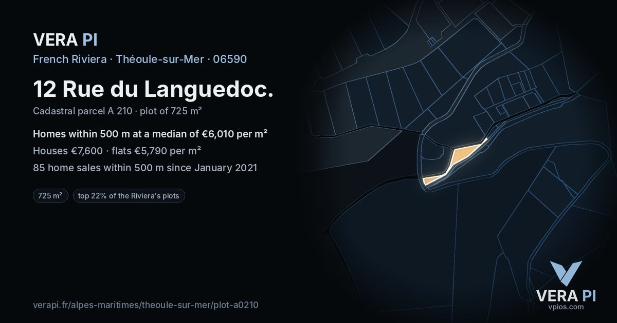 12 Rue du Languedoc, Théoule-sur-Mer at night – the plot lit, the parcels around coloured by the prices near them