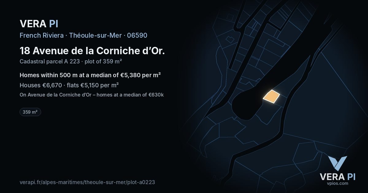 18 Avenue de la Corniche d’Or, Théoule-sur-Mer at night – the plot lit, the parcels around coloured by the prices near them