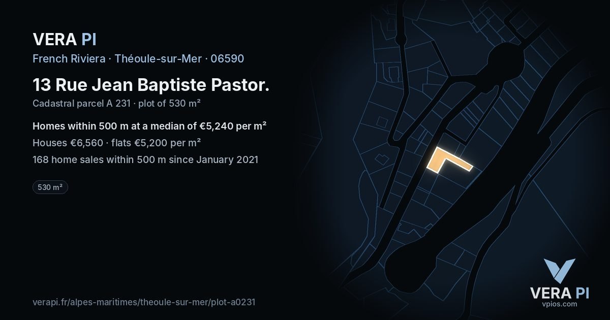13 Rue Jean Baptiste Pastor, Théoule-sur-Mer at night – the plot lit, the parcels around coloured by the prices near them