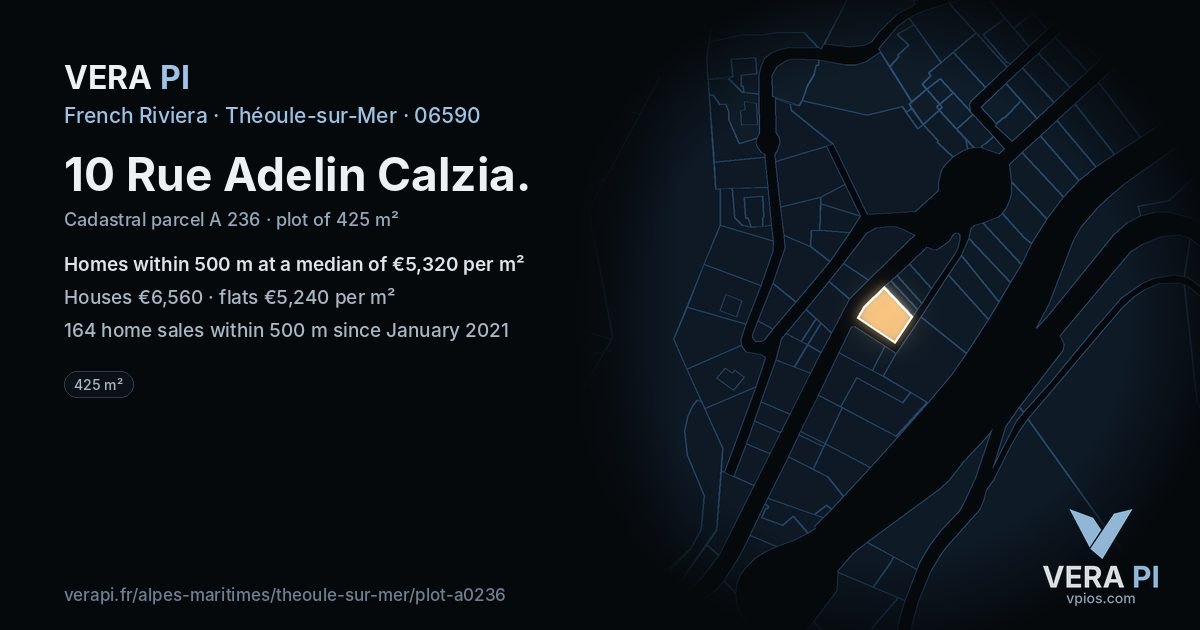 10 Rue Adelin Calzia, Théoule-sur-Mer at night – the plot lit, the parcels around coloured by the prices near them