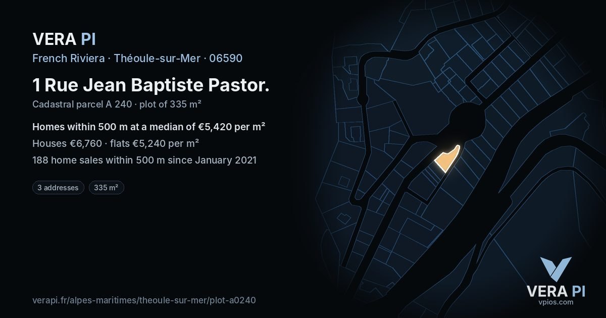 1 Rue Jean Baptiste Pastor, Théoule-sur-Mer at night – the plot lit, the parcels around coloured by the prices near them