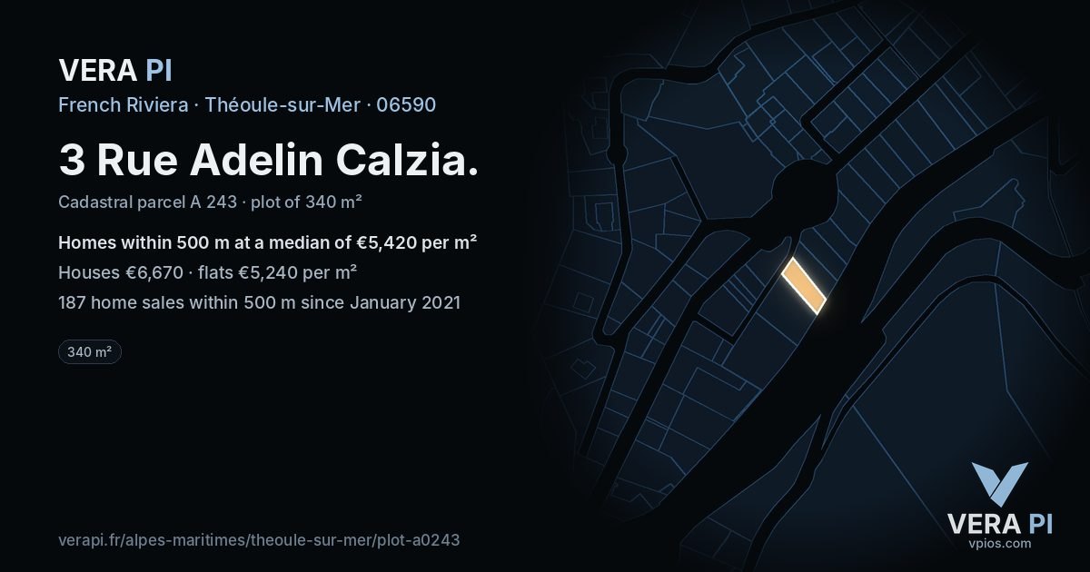 3 Rue Adelin Calzia, Théoule-sur-Mer at night – the plot lit, the parcels around coloured by the prices near them