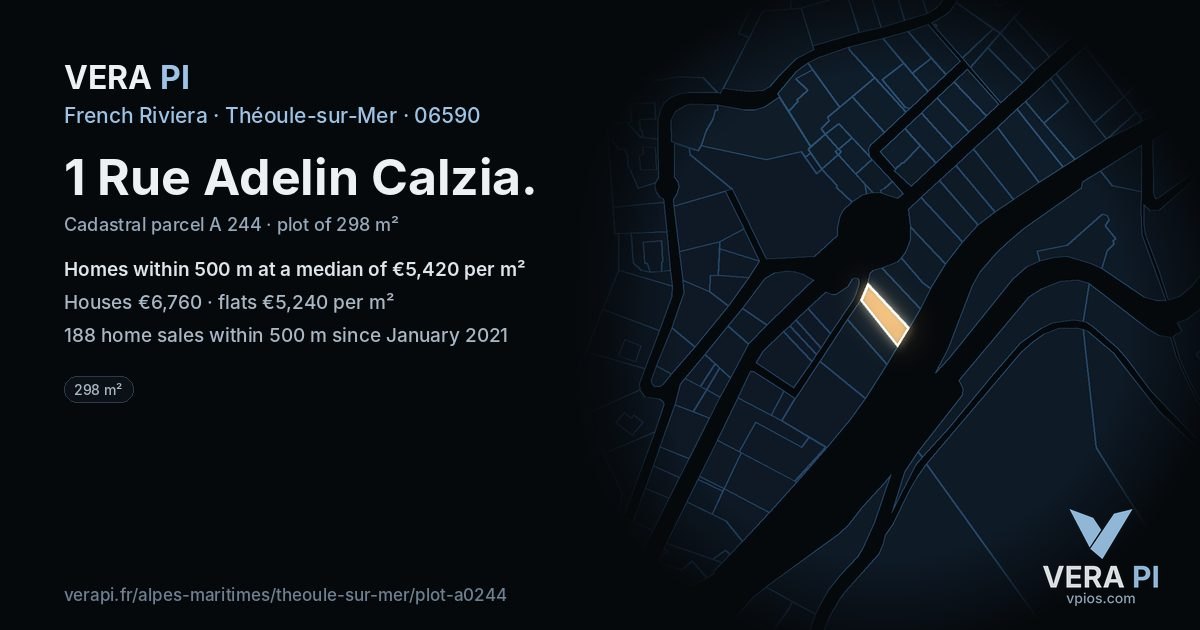 1 Rue Adelin Calzia, Théoule-sur-Mer at night – the plot lit, the parcels around coloured by the prices near them