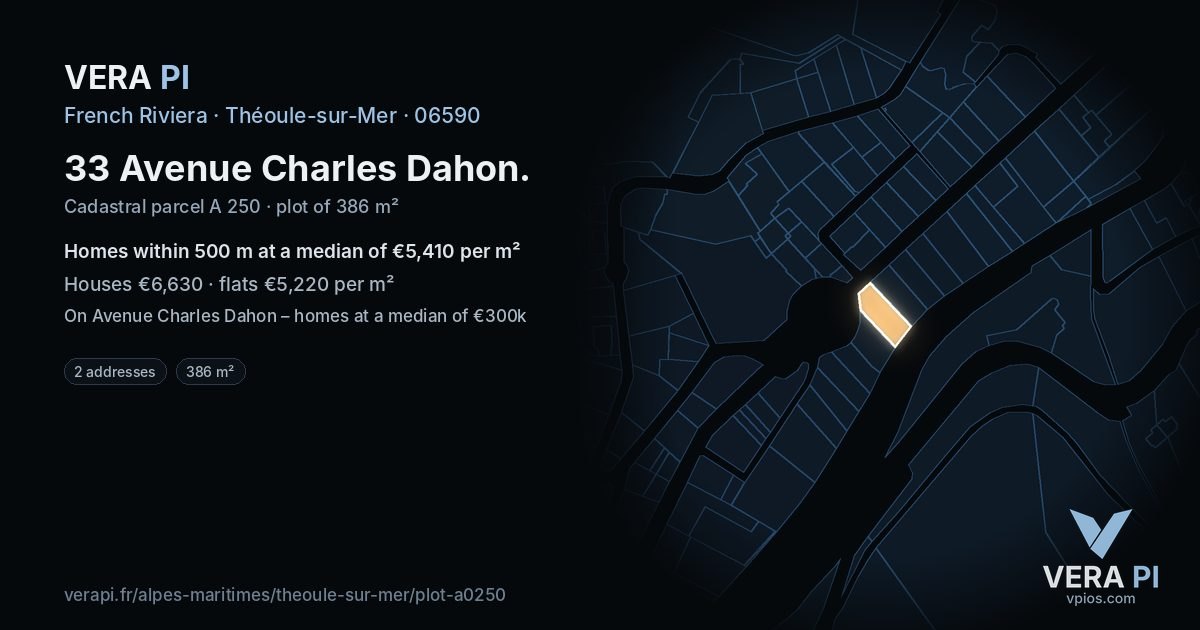33 Avenue Charles Dahon, Théoule-sur-Mer at night – the plot lit, the parcels around coloured by the prices near them