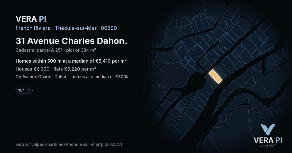 31 Avenue Charles Dahon, Théoule-sur-Mer at night – the plot lit, the parcels around coloured by the prices near them