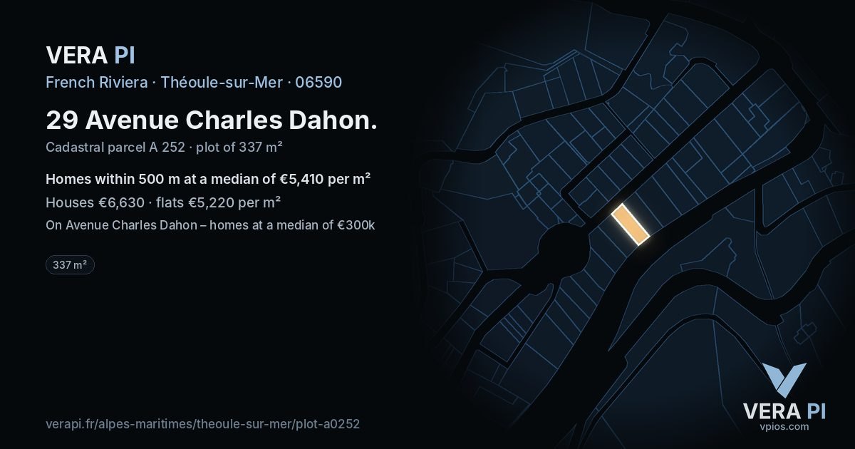 29 Avenue Charles Dahon, Théoule-sur-Mer at night – the plot lit, the parcels around coloured by the prices near them