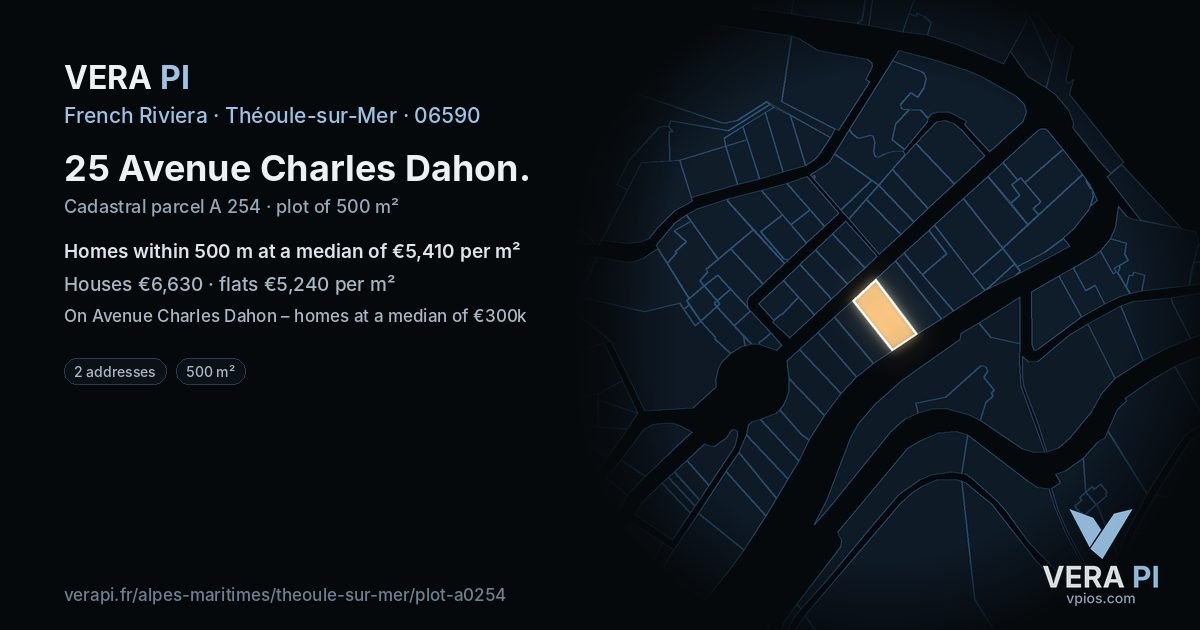 25 Avenue Charles Dahon, Théoule-sur-Mer at night – the plot lit, the parcels around coloured by the prices near them