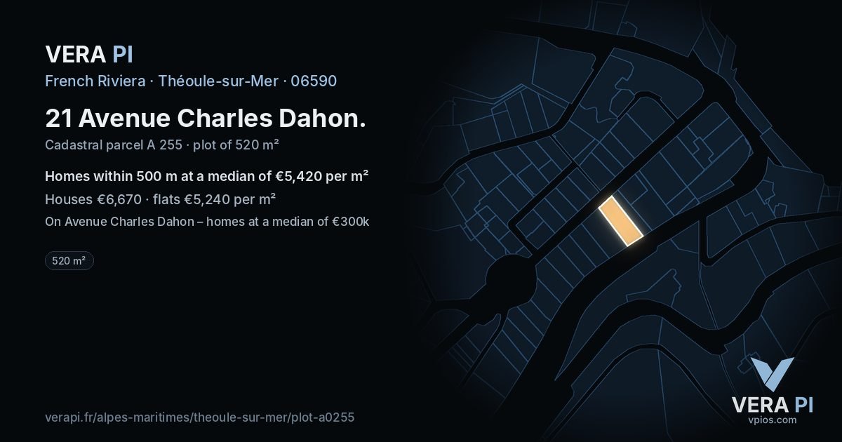 21 Avenue Charles Dahon, Théoule-sur-Mer at night – the plot lit, the parcels around coloured by the prices near them
