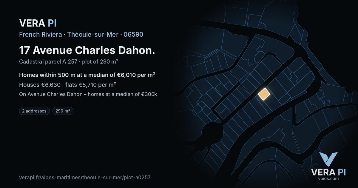 17 Avenue Charles Dahon, Théoule-sur-Mer at night – the plot lit, the parcels around coloured by the prices near them