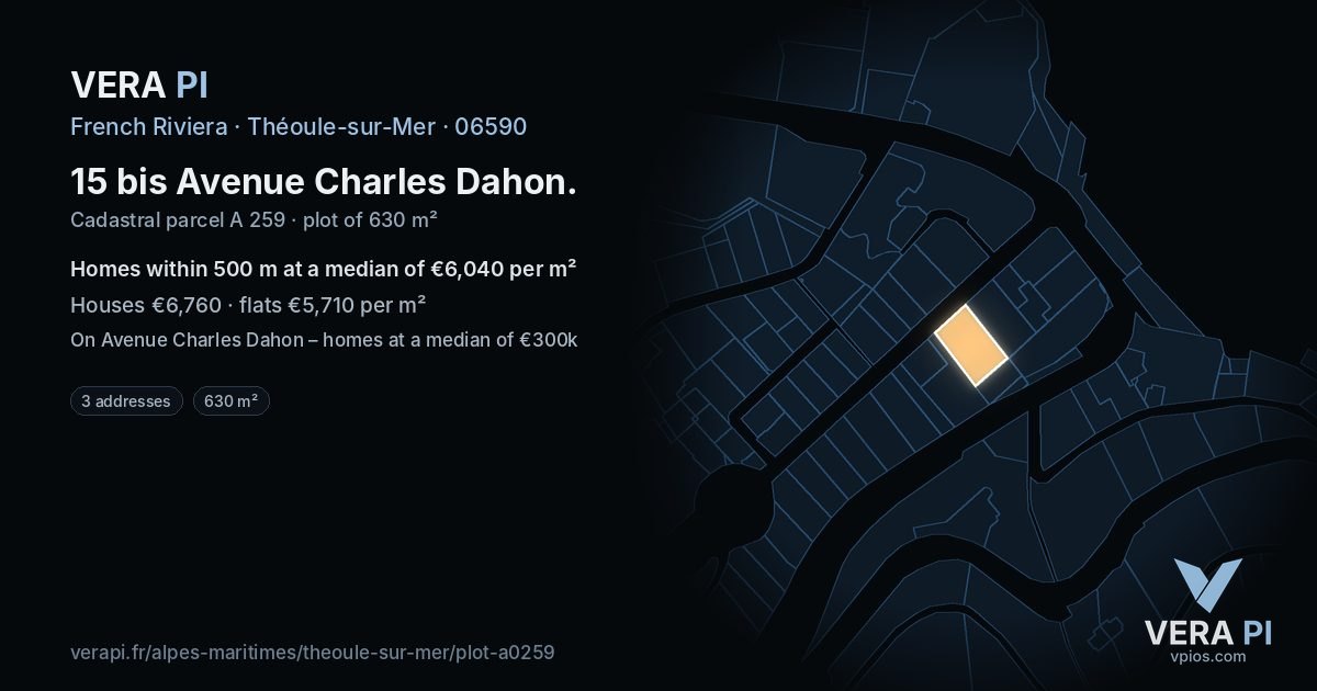 15 bis Avenue Charles Dahon, Théoule-sur-Mer at night – the plot lit, the parcels around coloured by the prices near them