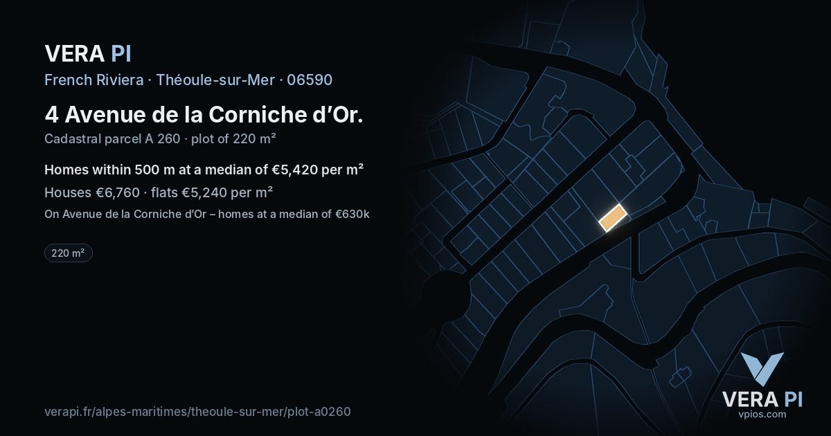 4 Avenue de la Corniche d’Or, Théoule-sur-Mer at night – the plot lit, the parcels around coloured by the prices near them