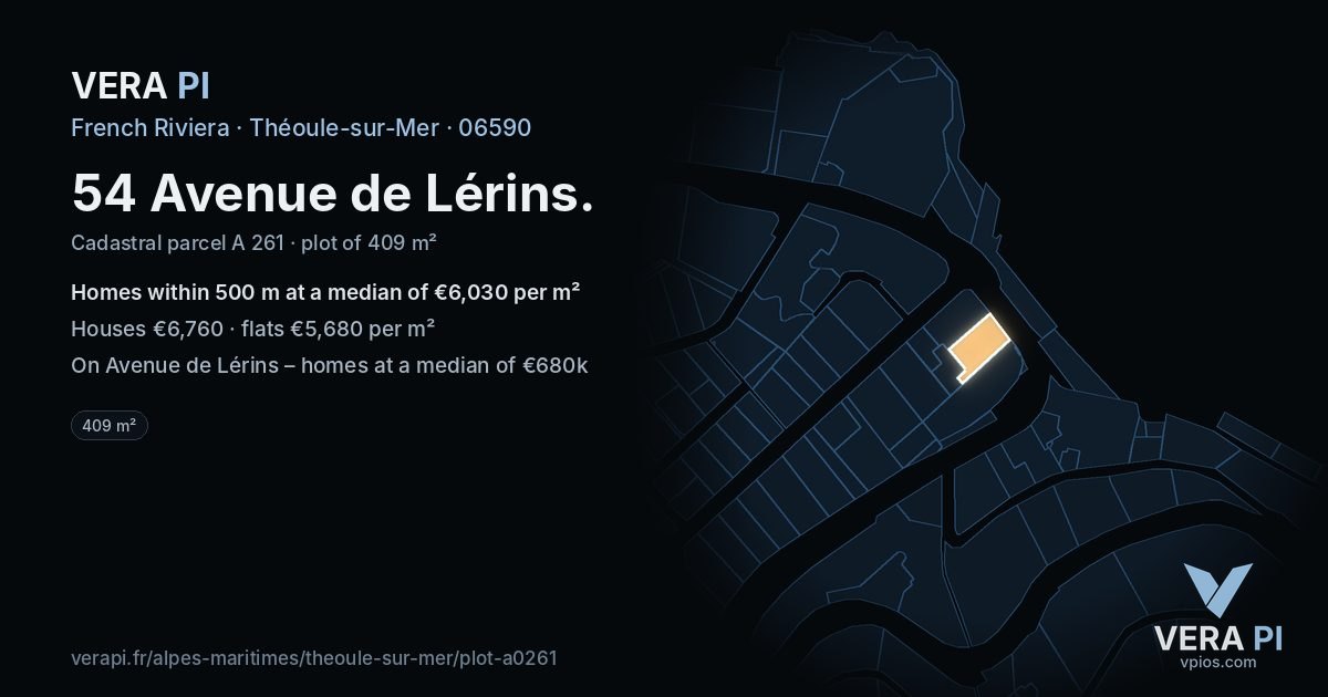 54 Avenue de Lérins, Théoule-sur-Mer at night – the plot lit, the parcels around coloured by the prices near them