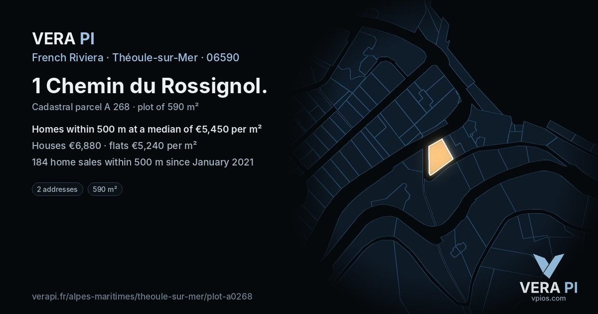 1 Chemin du Rossignol, Théoule-sur-Mer at night – the plot lit, the parcels around coloured by the prices near them