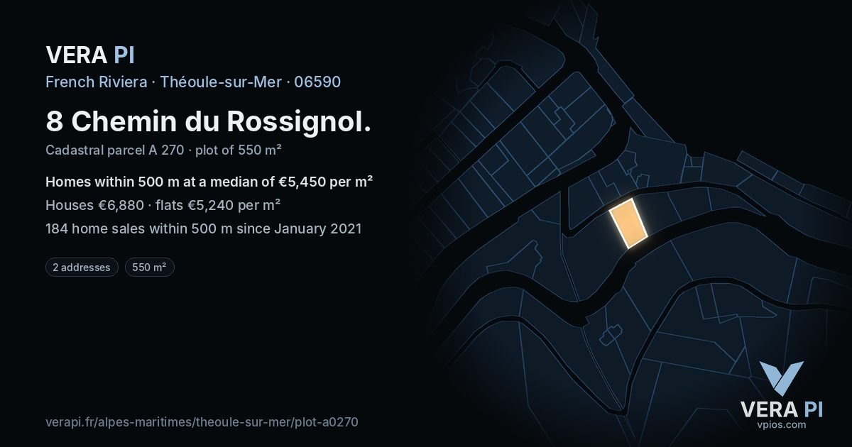 8 Chemin du Rossignol, Théoule-sur-Mer at night – the plot lit, the parcels around coloured by the prices near them