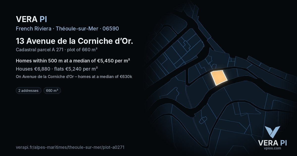 13 Avenue de la Corniche d’Or, Théoule-sur-Mer at night – the plot lit, the parcels around coloured by the prices near them