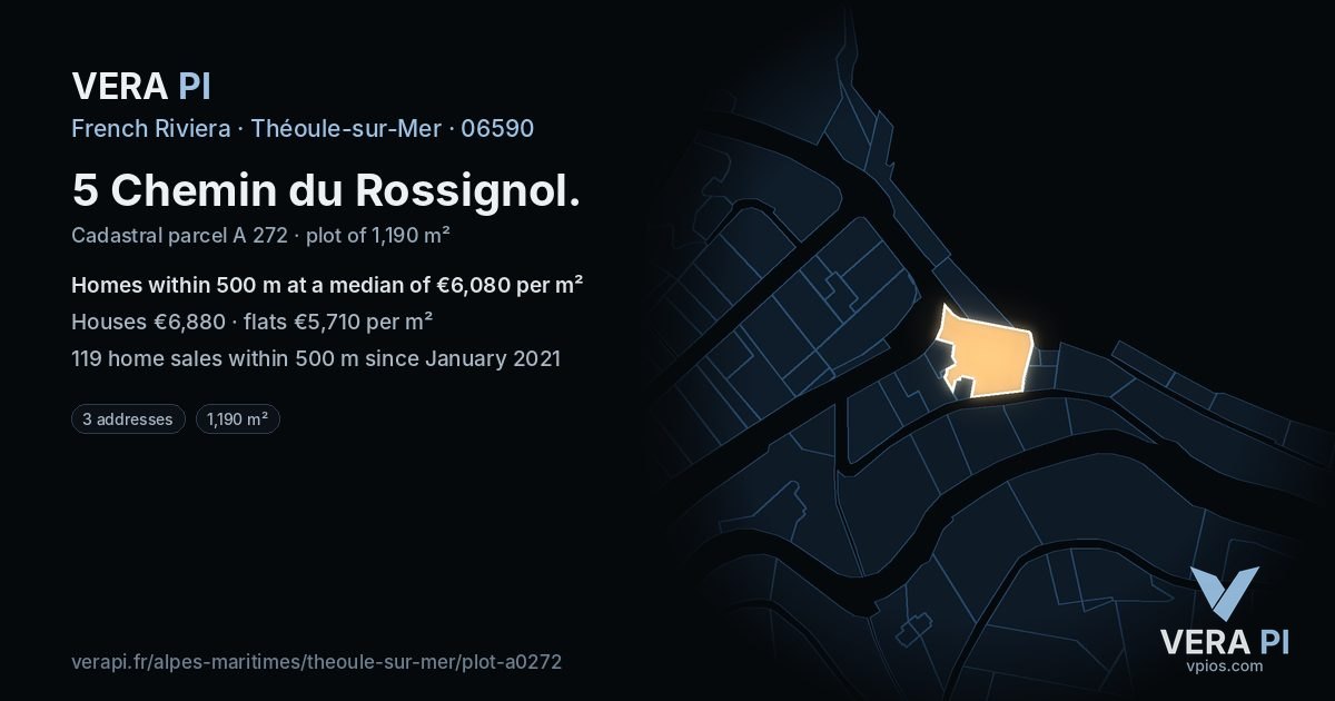 5 Chemin du Rossignol, Théoule-sur-Mer at night – the plot lit, the parcels around coloured by the prices near them