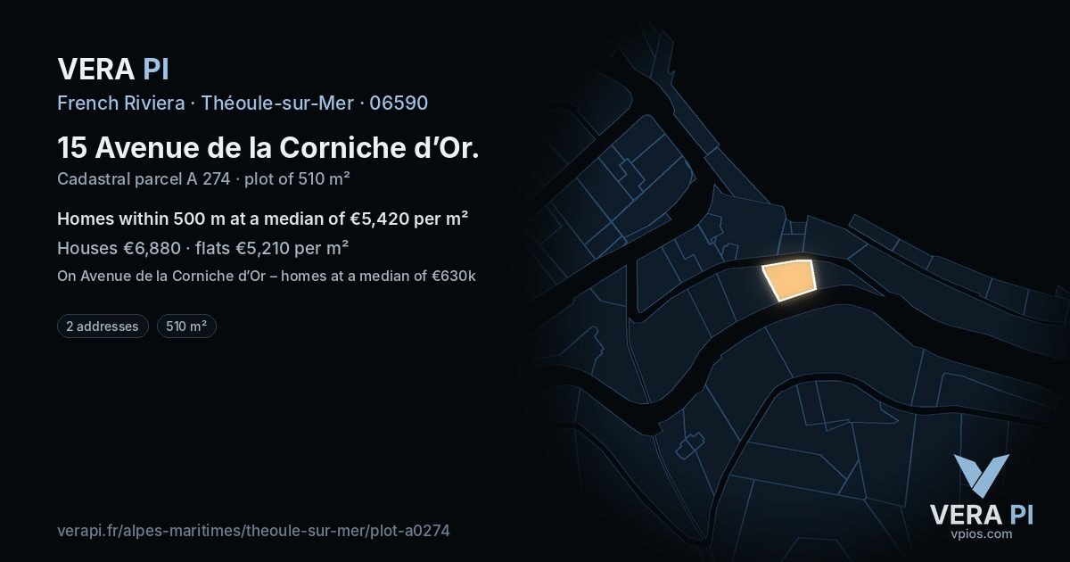 15 Avenue de la Corniche d’Or, Théoule-sur-Mer at night – the plot lit, the parcels around coloured by the prices near them