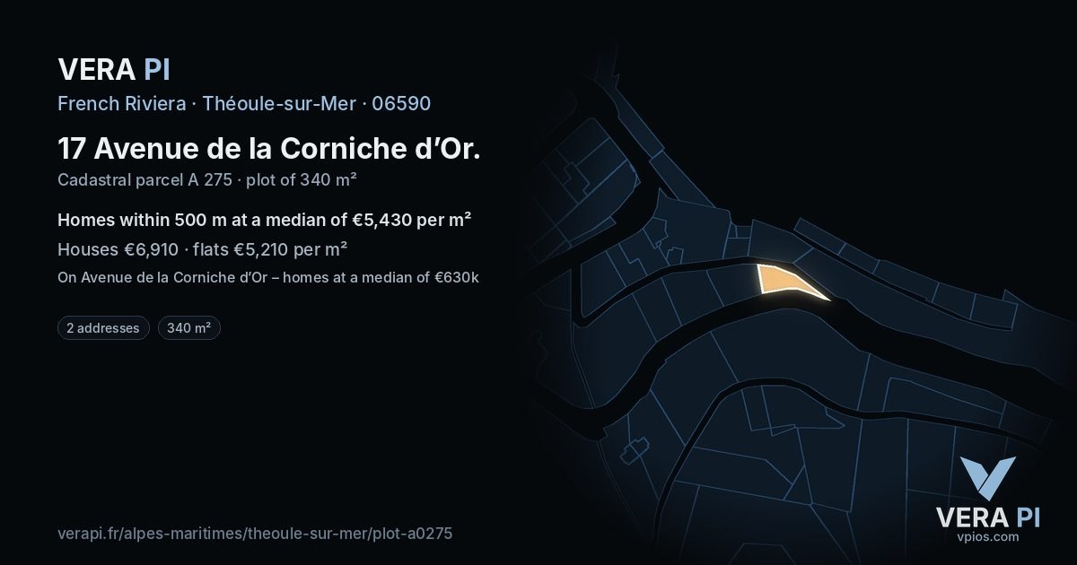 17 Avenue de la Corniche d’Or, Théoule-sur-Mer at night – the plot lit, the parcels around coloured by the prices near them