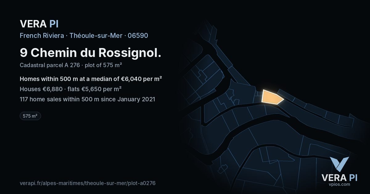 9 Chemin du Rossignol, Théoule-sur-Mer at night – the plot lit, the parcels around coloured by the prices near them