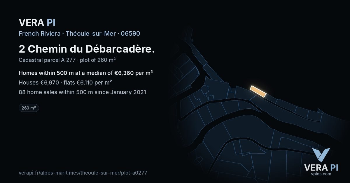 2 Chemin du Débarcadère, Théoule-sur-Mer at night – the plot lit, the parcels around coloured by the prices near them