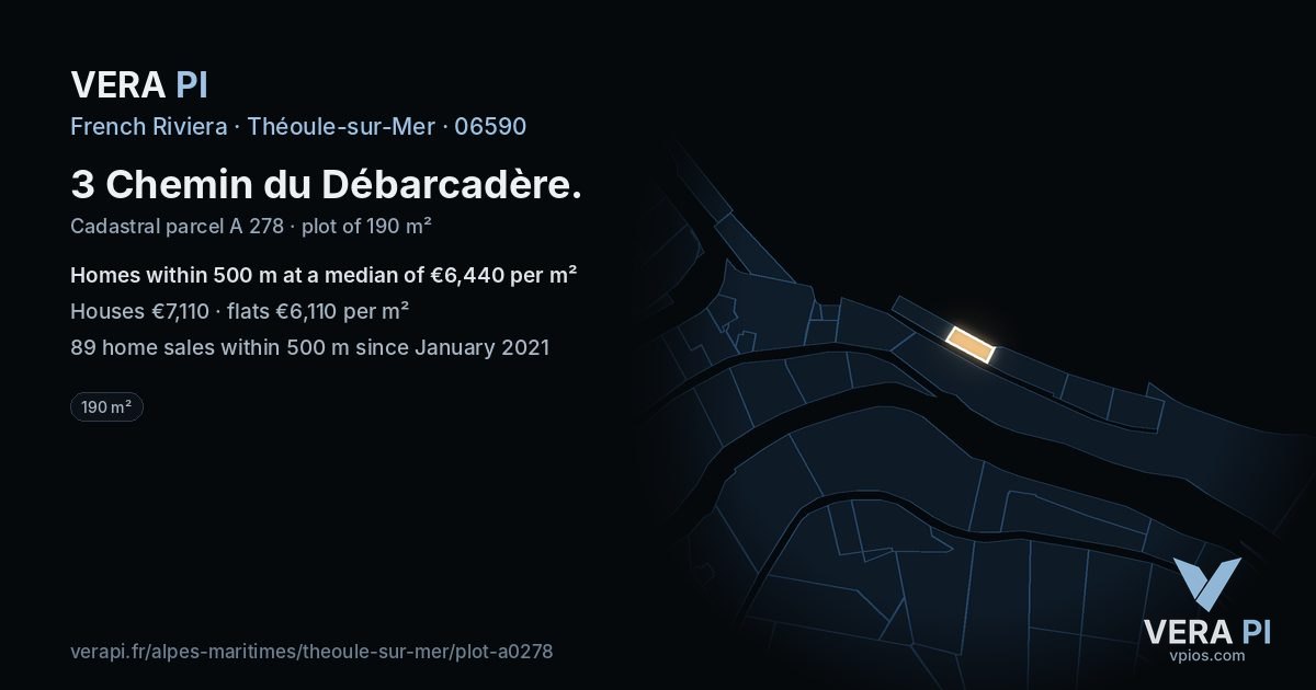3 Chemin du Débarcadère, Théoule-sur-Mer at night – the plot lit, the parcels around coloured by the prices near them