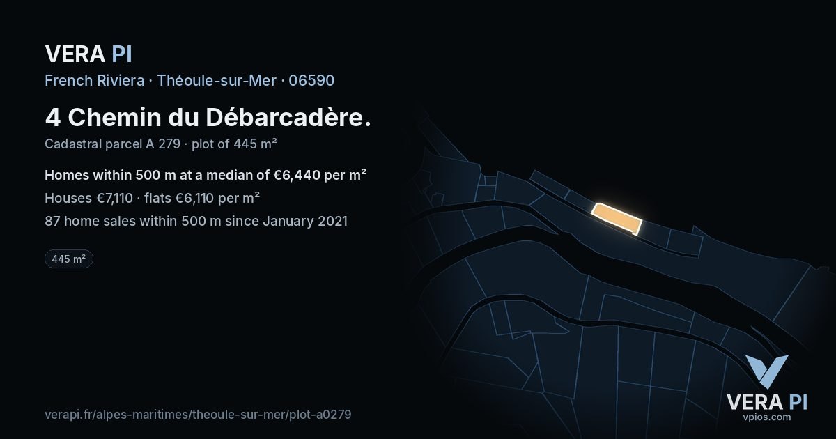 4 Chemin du Débarcadère, Théoule-sur-Mer at night – the plot lit, the parcels around coloured by the prices near them