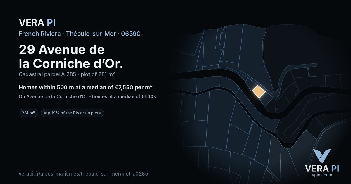 29 Avenue de la Corniche d’Or, Théoule-sur-Mer at night – the plot lit, the parcels around coloured by the prices near them