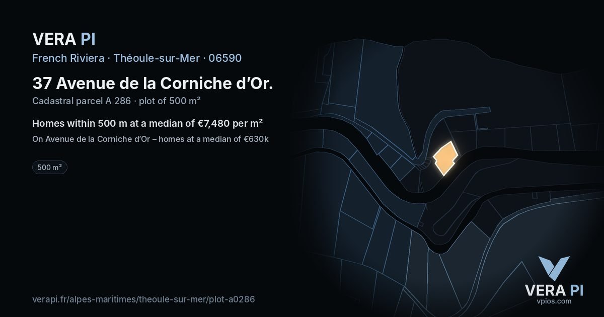 37 Avenue de la Corniche d’Or, Théoule-sur-Mer at night – the plot lit, the parcels around coloured by the prices near them