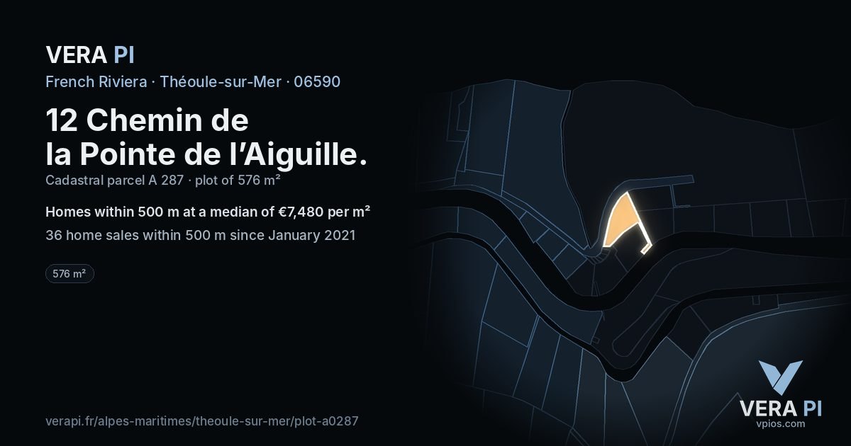 12 Chemin de la Pointe de l’Aiguille, Théoule-sur-Mer at night – the plot lit, the parcels around coloured by the prices near them
