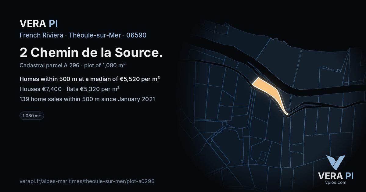 2 Chemin de la Source, Théoule-sur-Mer at night – the plot lit, the parcels around coloured by the prices near them