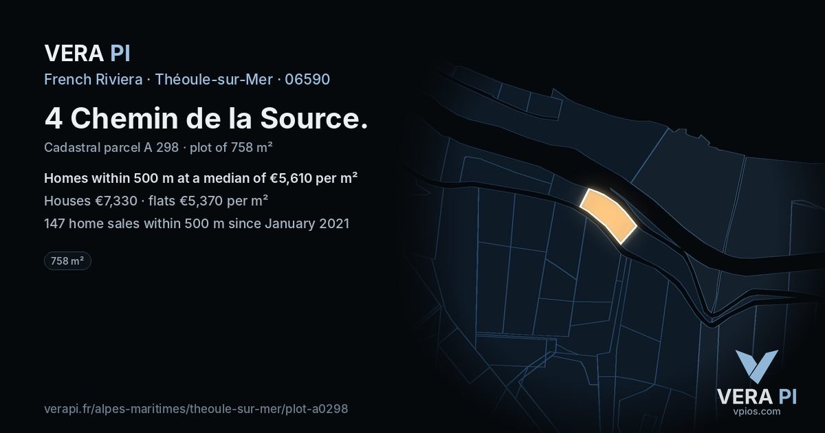 4 Chemin de la Source, Théoule-sur-Mer at night – the plot lit, the parcels around coloured by the prices near them