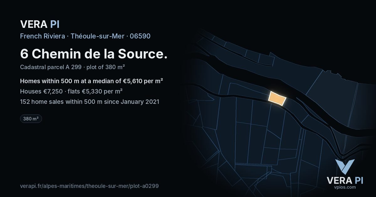 6 Chemin de la Source, Théoule-sur-Mer at night – the plot lit, the parcels around coloured by the prices near them