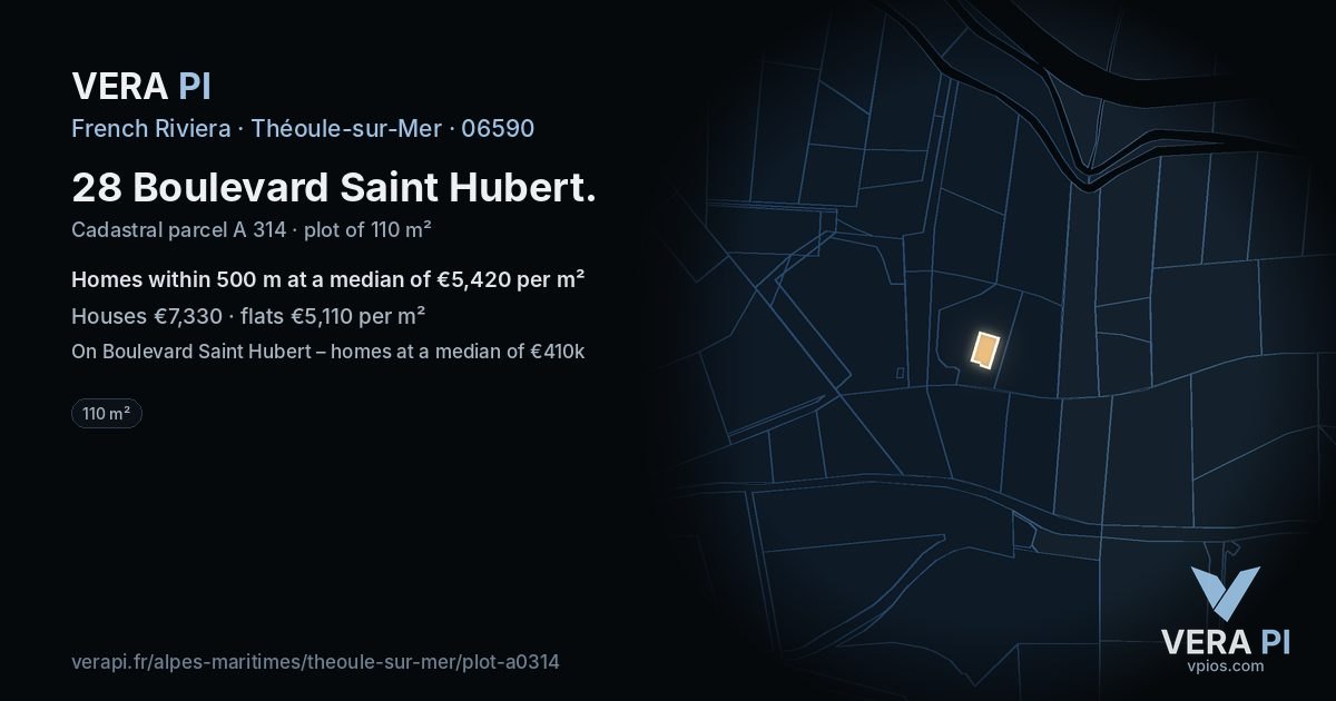 28 Boulevard Saint Hubert, Théoule-sur-Mer at night – the plot lit, the parcels around coloured by the prices near them